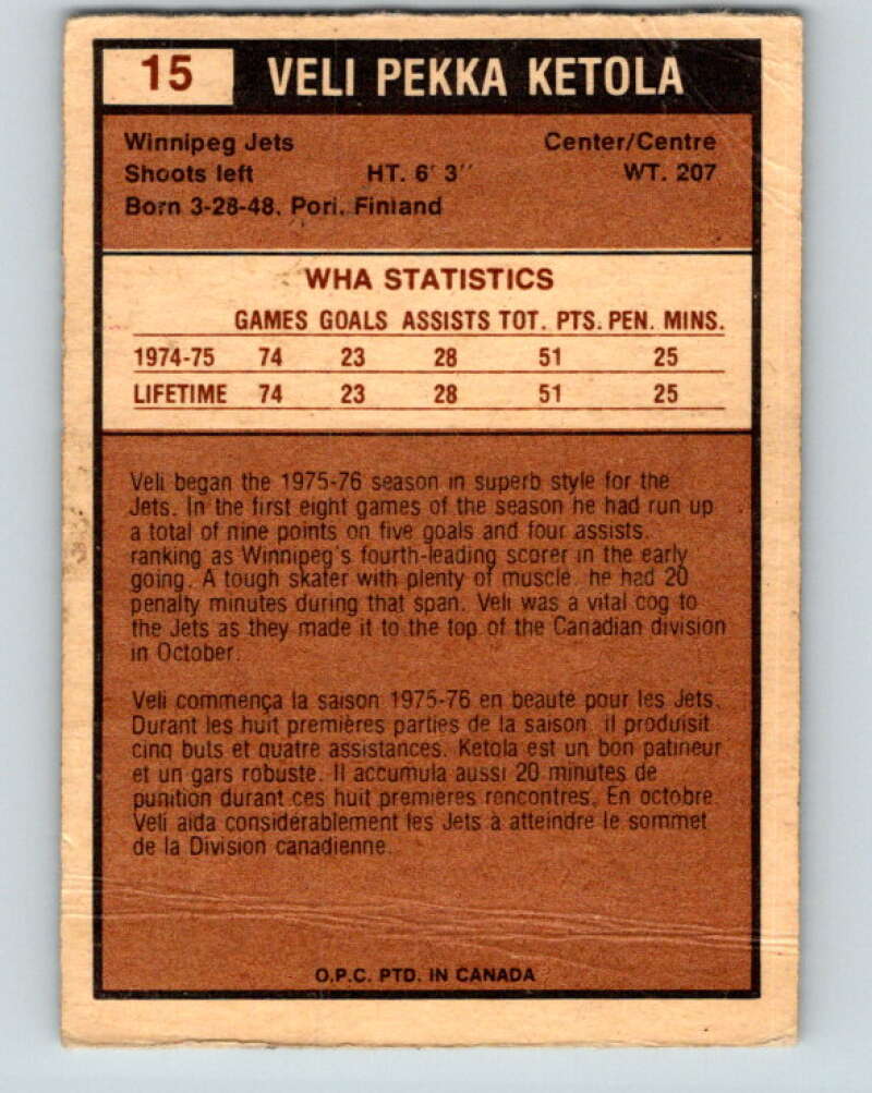 1975-76 WHA O-Pee-Chee #15 Veli-Pekka Ketola RC Rookie Winnipeg Jets V7180