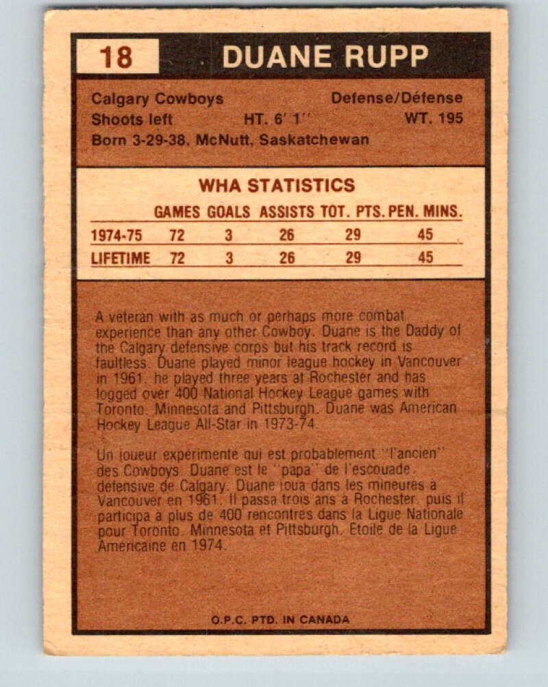 1975-76 WHA O-Pee-Chee #18 Duane Rupp Calgary Cowboys V7184