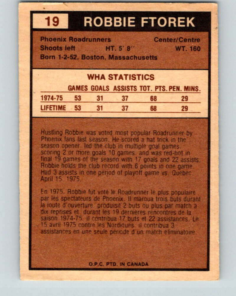 1975-76 WHA O-Pee-Chee #19 Robbie Ftorek RC Rookie Phoenix V7187