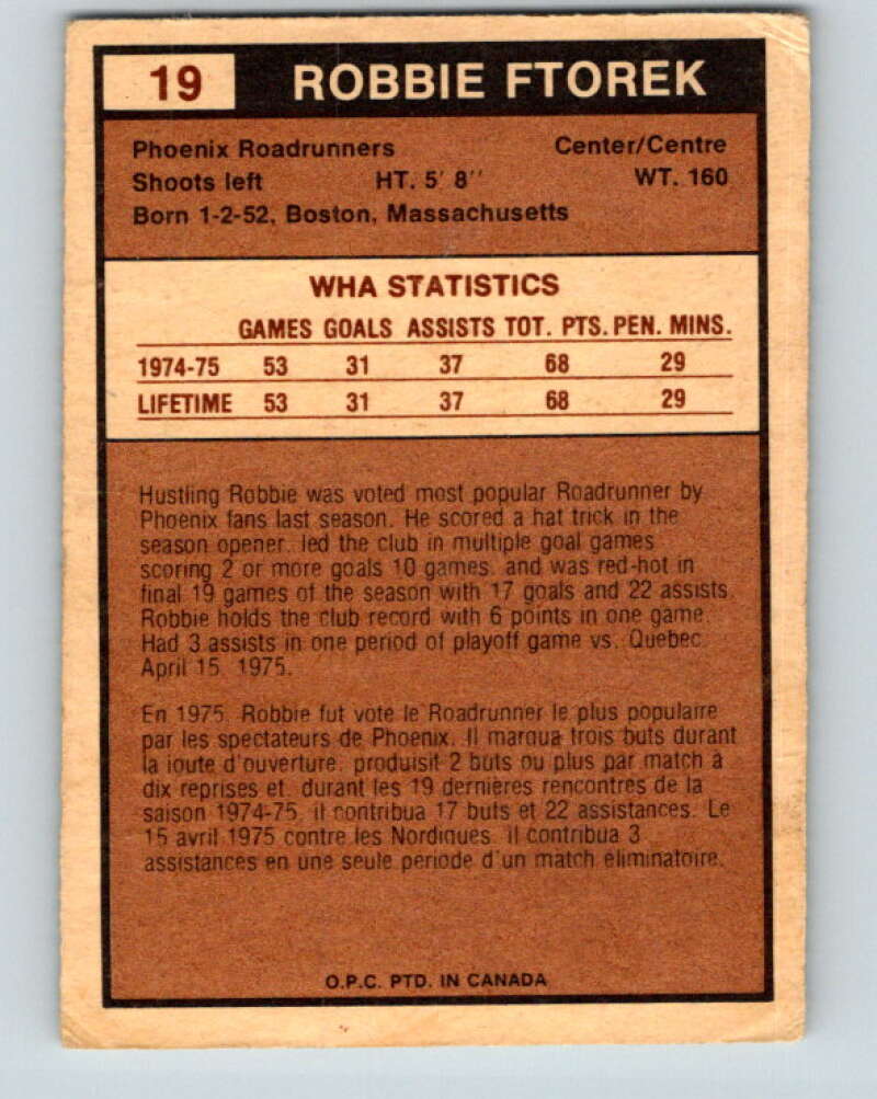 1975-76 WHA O-Pee-Chee #19 Robbie Ftorek RC Rookie Phoenix V7188