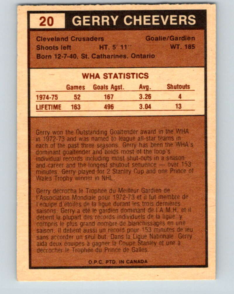 1975-76 WHA O-Pee-Chee #20 Gerry Cheevers Cleveland Crusaders V7189