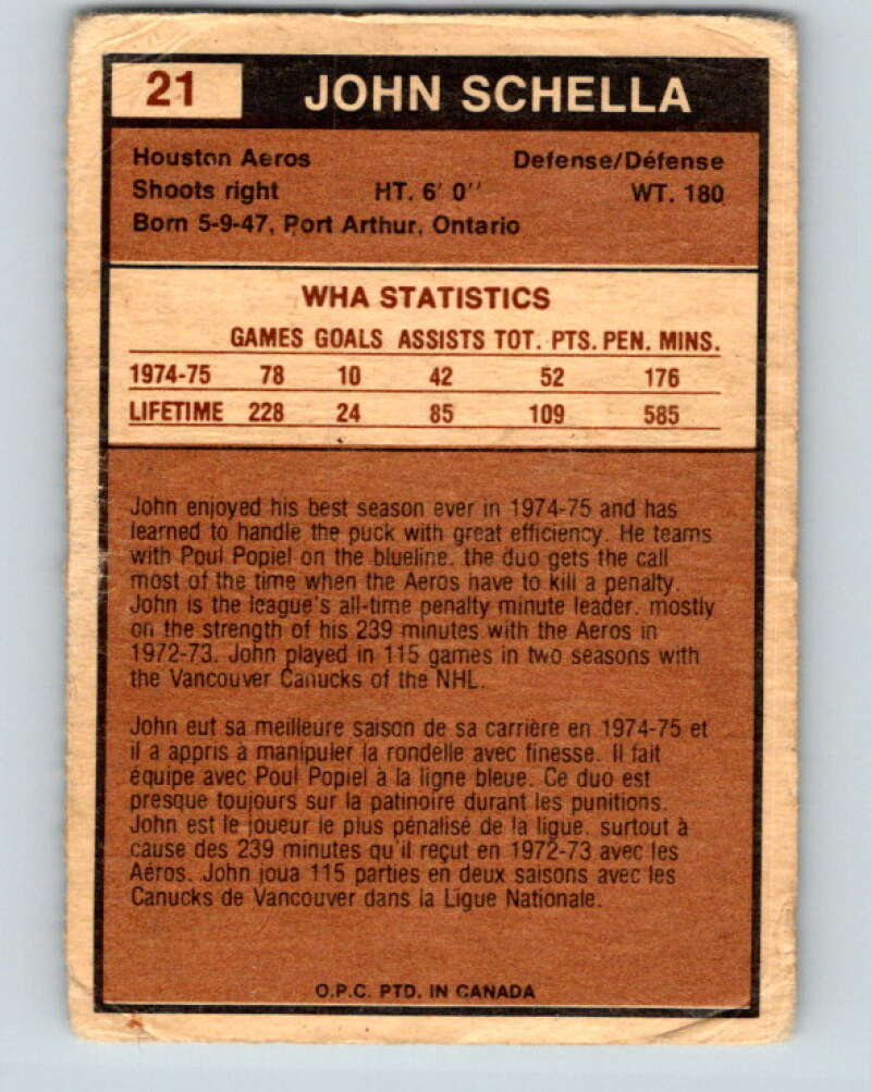 1975-76 WHA O-Pee-Chee #21 John Schella RC Rookie Houston Aeros V7190