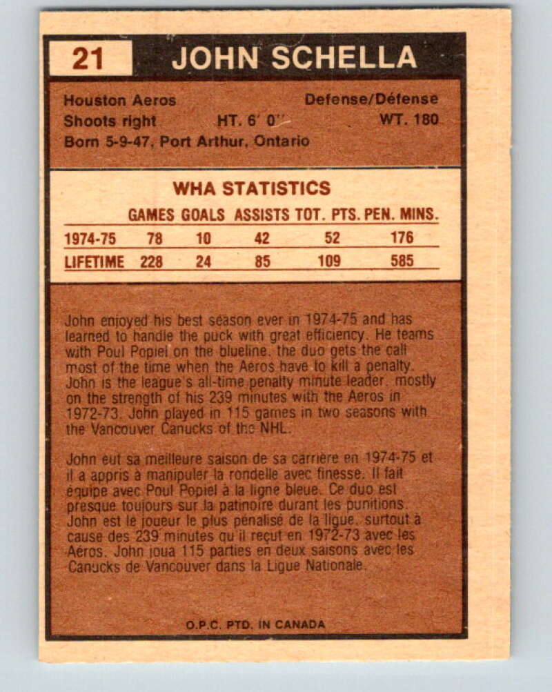 1975-76 WHA O-Pee-Chee #21 John Schella RC Rookie Houston Aeros V7191