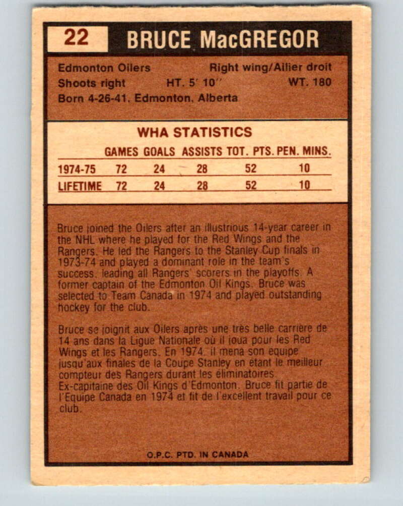 1975-76 WHA O-Pee-Chee #22 Bruce MacGregor Edmonton Oilers V7192