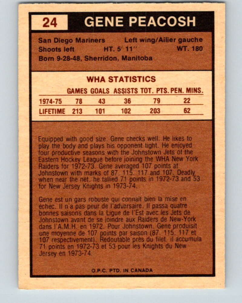 1975-76 WHA O-Pee-Chee #24 Gene Peacosh San Diego Mariners V7193
