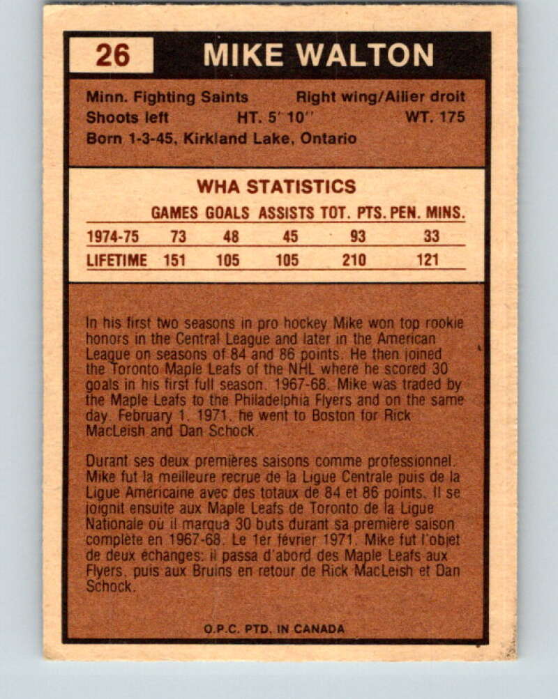 1975-76 WHA O-Pee-Chee #26 Mike Walton Minnesota Fighting Saints V7194