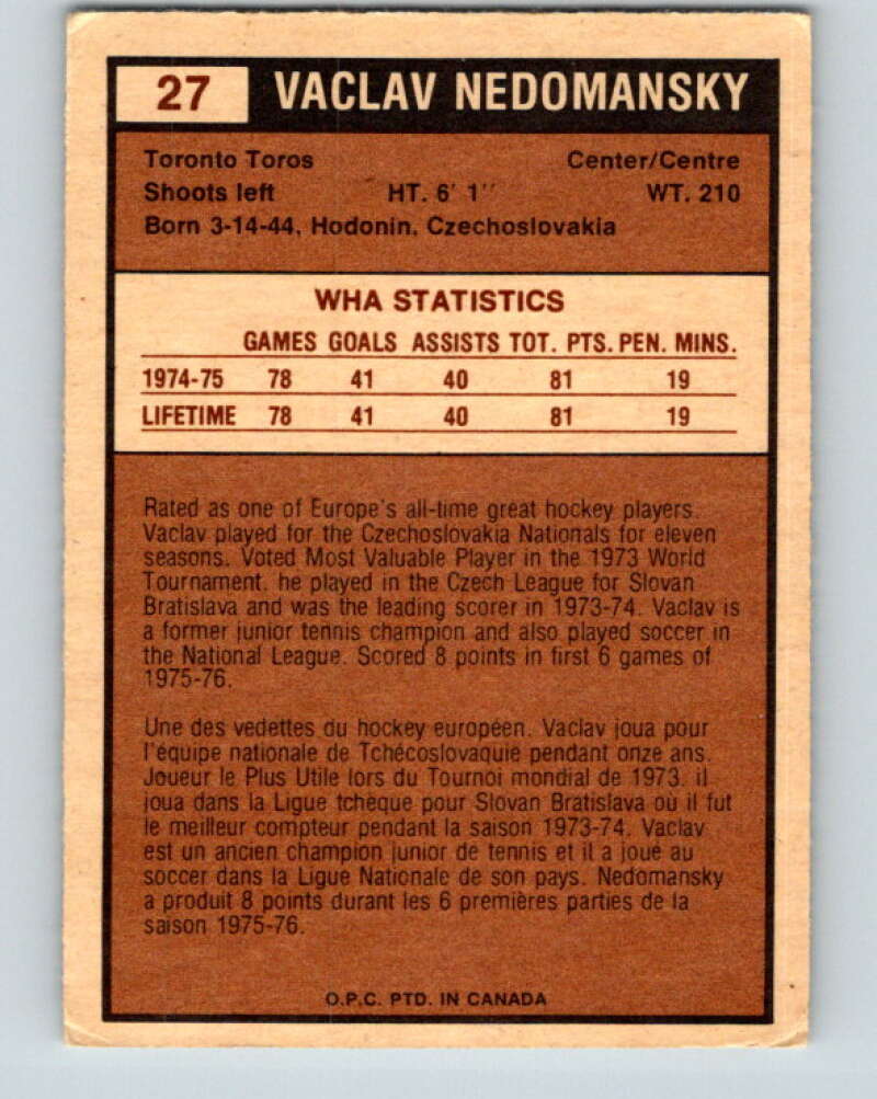 1975-76 WHA O-Pee-Chee #27 Vaclav Nedomansky Toronto Toros V7196