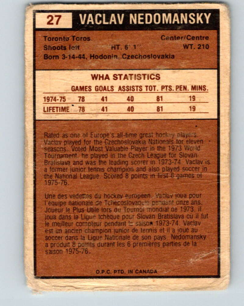 1975-76 WHA O-Pee-Chee #27 Vaclav Nedomansky Toronto Toros V7197