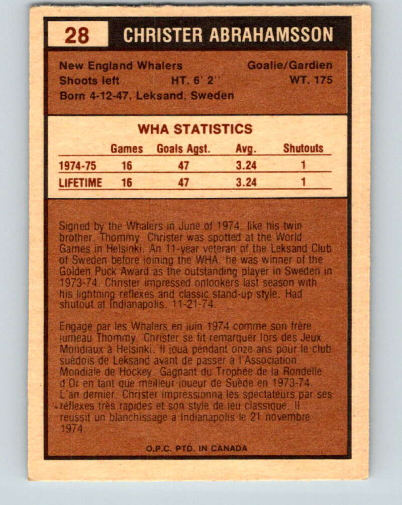 1975-76 WHA O-Pee-Chee #28 Christer Abrahamsson RC Whalers V7198
