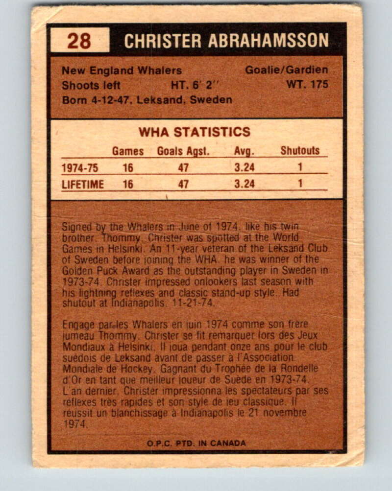 1975-76 WHA O-Pee-Chee #28 Christer Abrahamsson RC Whalers V7199