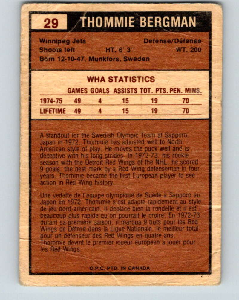 1975-76 WHA O-Pee-Chee #29 Thommie Bergman Winnipeg Jets V7200