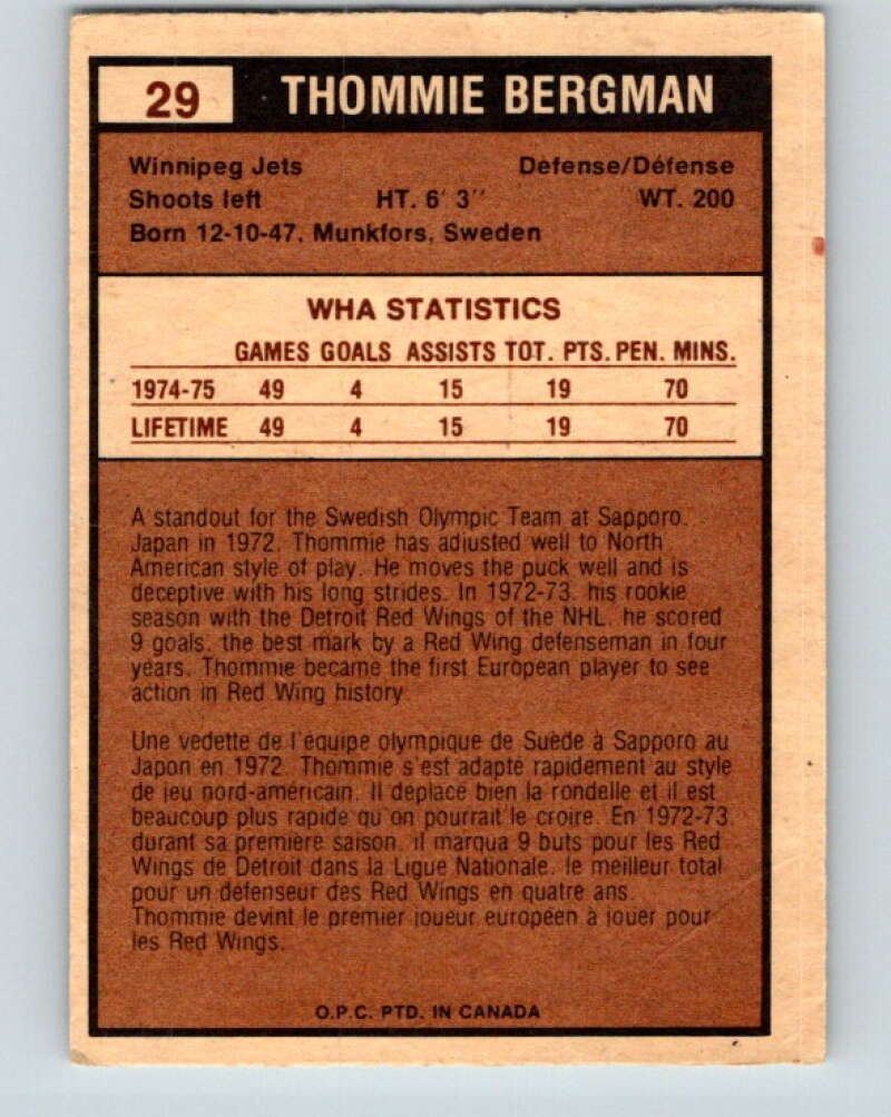 1975-76 WHA O-Pee-Chee #29 Thommie Bergman Winnipeg Jets V7201