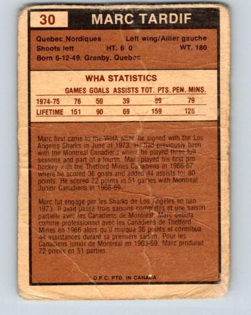 1975-76 WHA O-Pee-Chee #30 Marc Tardif Quebec Nordiques V7202
