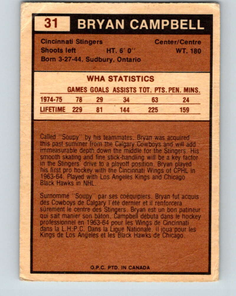 1975-76 WHA O-Pee-Chee #31 Bryan Campbell Cincinnati Stingers V7203