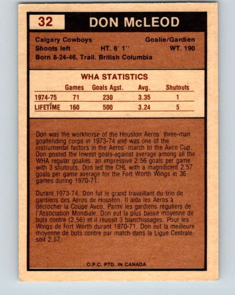 1975-76 WHA O-Pee-Chee #32 Don McLeod Calgary Cowboys V7207