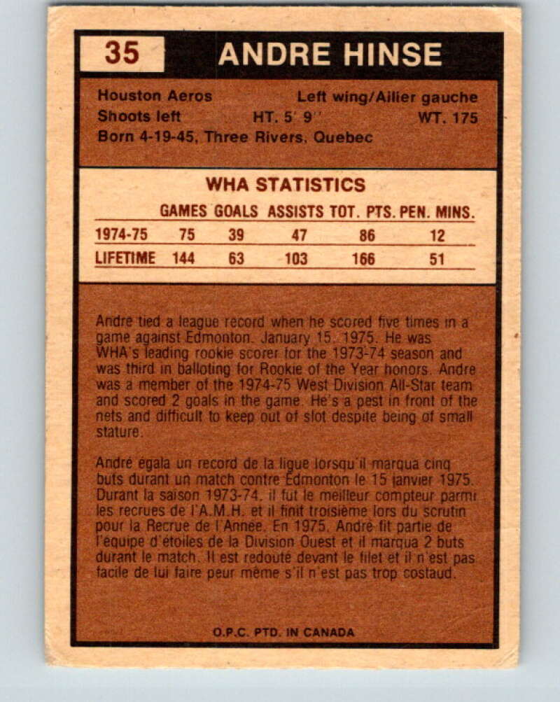 1975-76 WHA O-Pee-Chee #35 Andre Hinse RC Rookie Houston Aeros V7209
