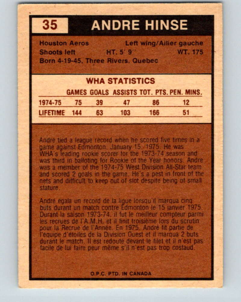 1975-76 WHA O-Pee-Chee #35 Andre Hinse RC Rookie Houston Aeros V7210