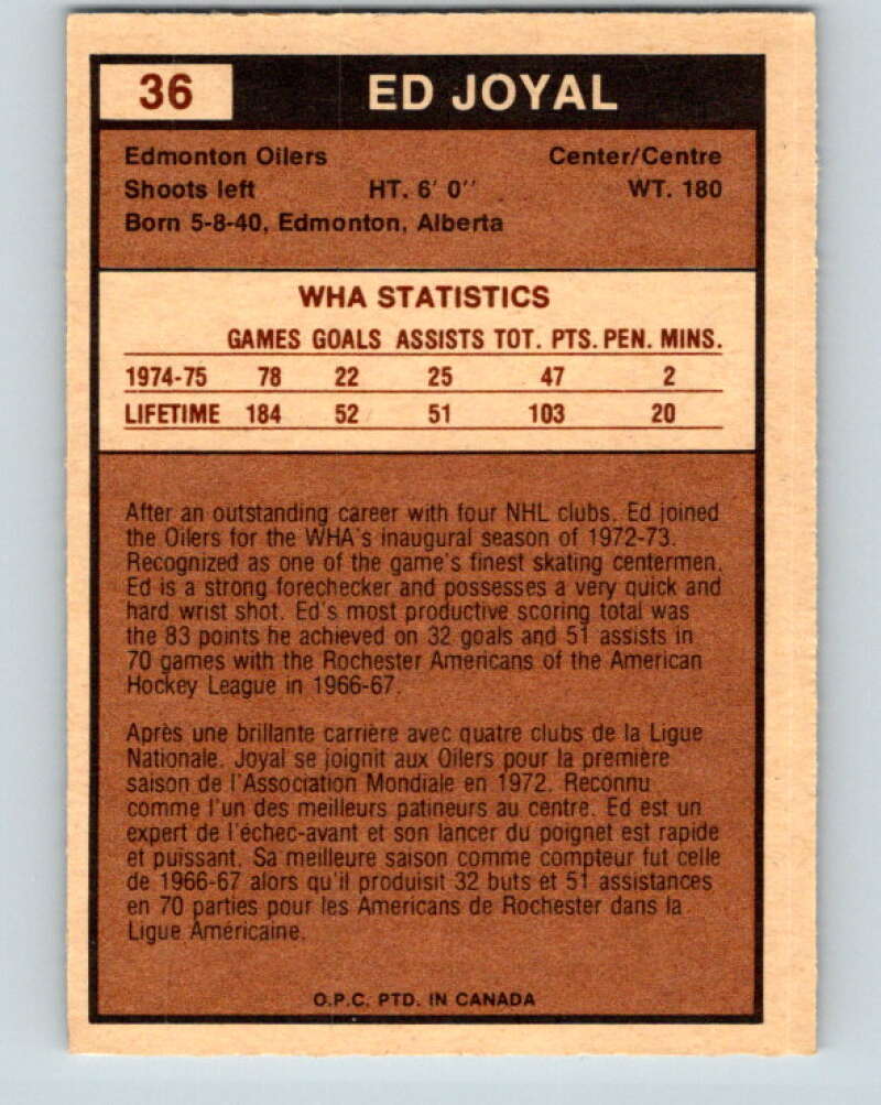 1975-76 WHA O-Pee-Chee #36 Eddie Joyal Edmonton Oilers V7211