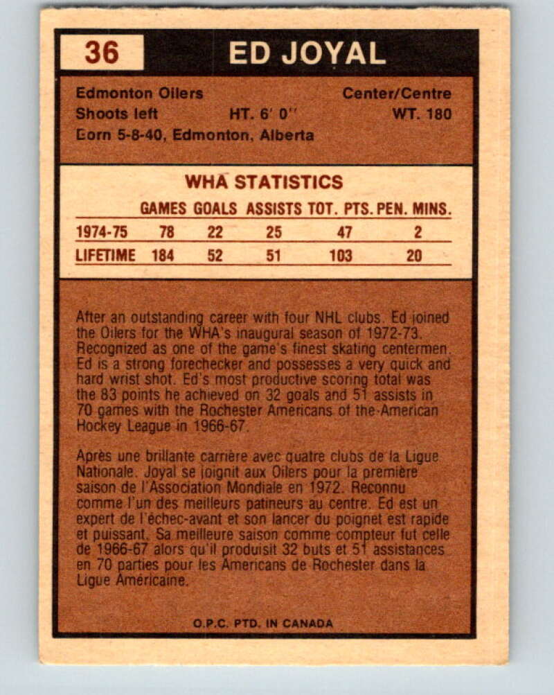1975-76 WHA O-Pee-Chee #36 Eddie Joyal Edmonton Oilers V7212