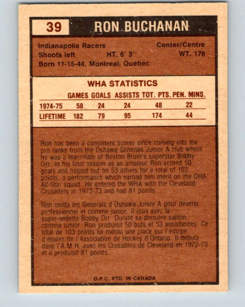 1975-76 WHA O-Pee-Chee #39 Ron Buchanan Indianapolis Racers V7215