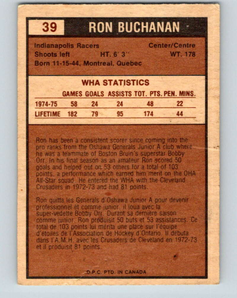 1975-76 WHA O-Pee-Chee #39 Ron Buchanan Indianapolis Racers V7216