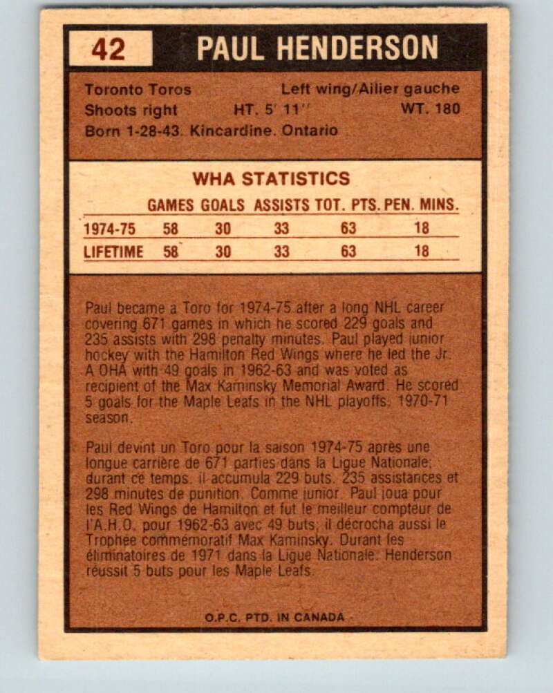 1975-76 WHA O-Pee-Chee #42 Paul Henderson Toronto Toros V7217