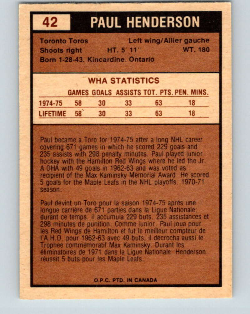 1975-76 WHA O-Pee-Chee #42 Paul Henderson Toronto Toros V7218