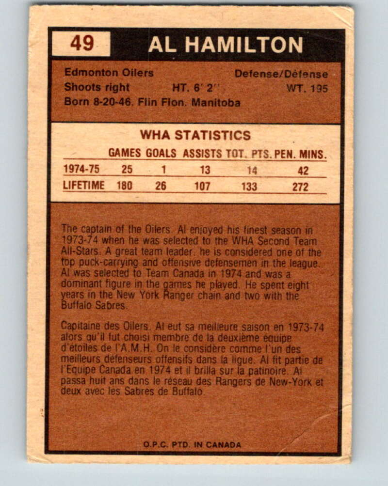 1975-76 WHA O-Pee-Chee #49 Al Hamilton Edmonton Oilers V7227