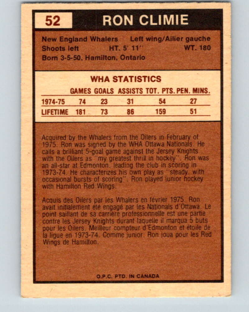 1975-76 WHA O-Pee-Chee #52 Ron Climie New England Whalers V7230