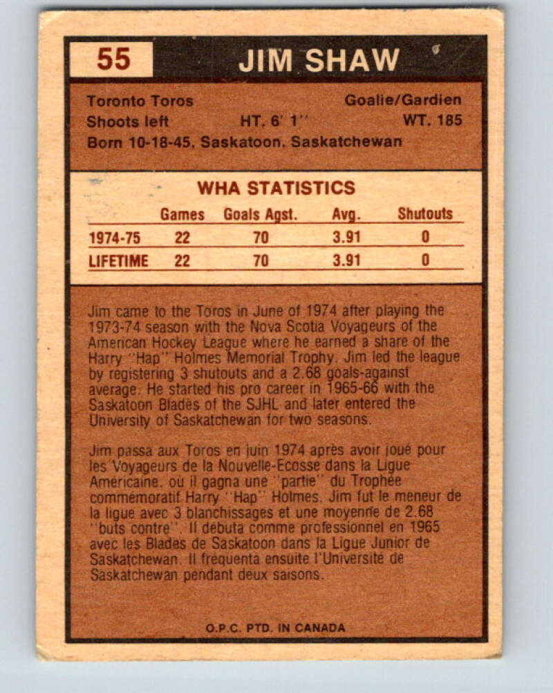 1975-76 WHA O-Pee-Chee #55 Jim Shaw RC Rookie Toronto Toros V7232
