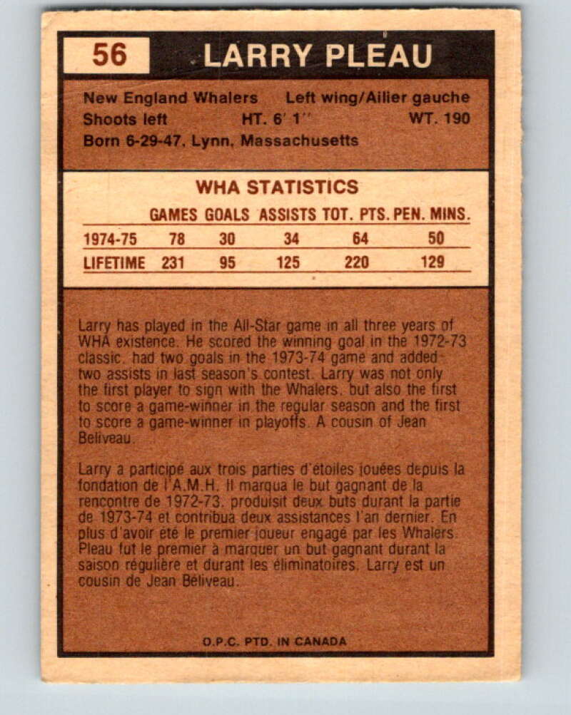 1975-76 WHA O-Pee-Chee #56 Larry Pleau RC Rookie New England Whalers V7234