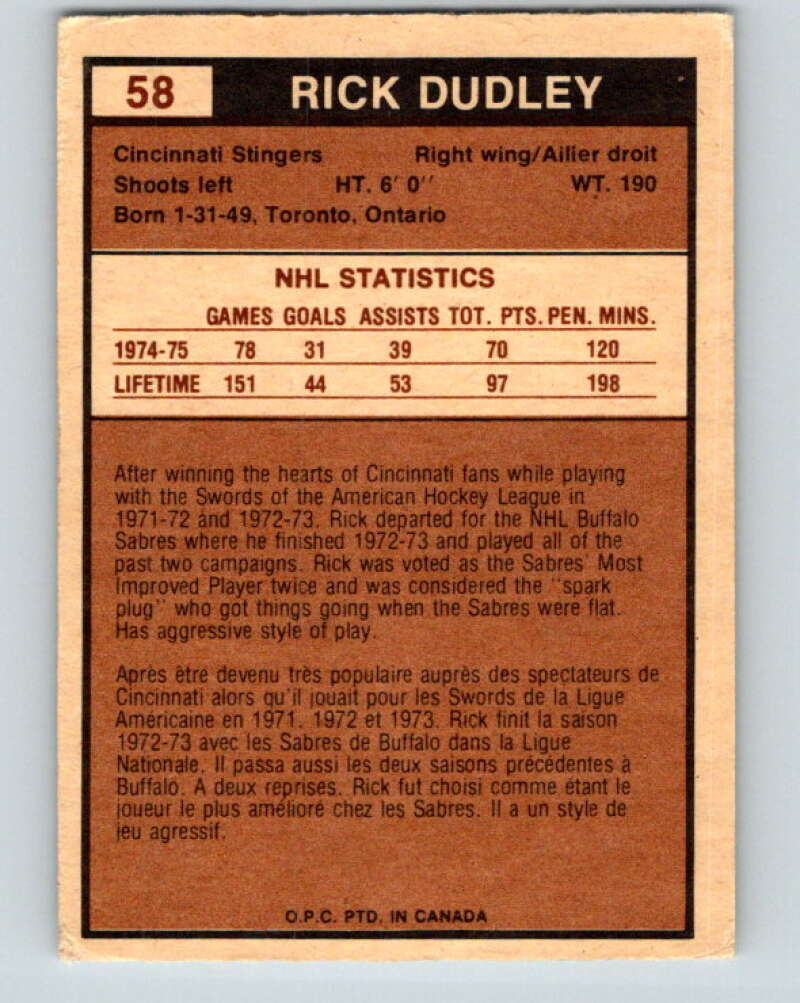 1975-76 WHA O-Pee-Chee #58 Rick Dudley Cincinnati Stingers V7235