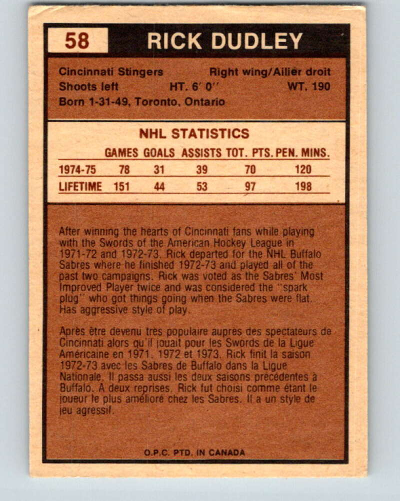 1975-76 WHA O-Pee-Chee #58 Rick Dudley Cincinnati Stingers V7236