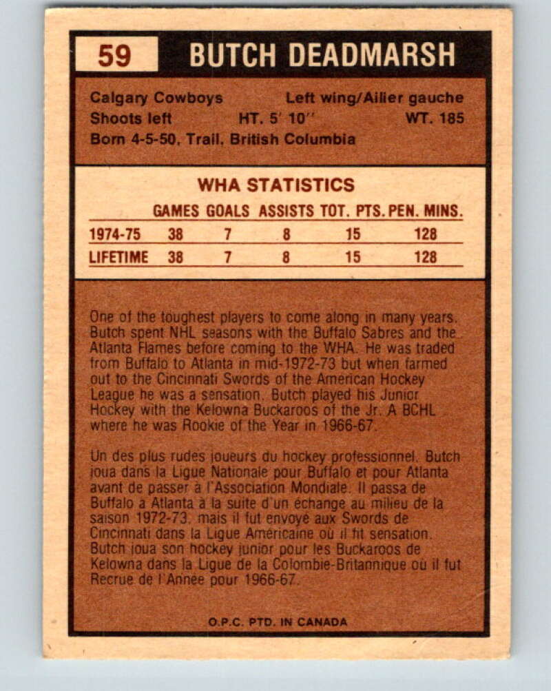 1975-76 WHA O-Pee-Chee #59 Butch Deadmarsh RC Rookie Calgary Cowboys V7237