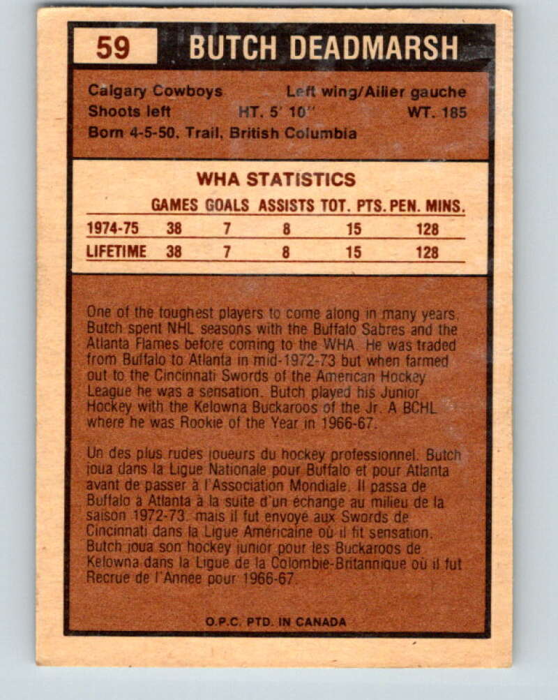 1975-76 WHA O-Pee-Chee #59 Butch Deadmarsh RC Rookie Calgary Cowboys V7238