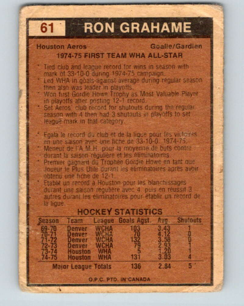 1975-76 WHA O-Pee-Chee #61 Ron Grahame AS Houston Aeros V7242