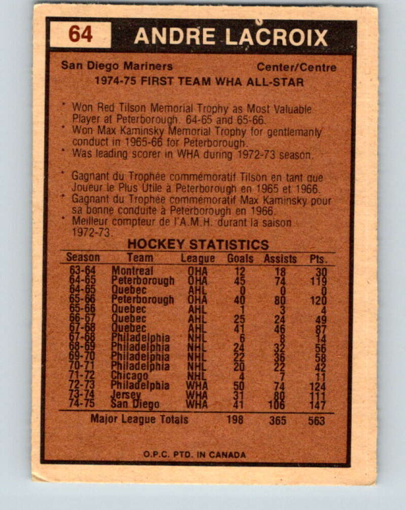 1975-76 WHA O-Pee-Chee #64 Andre Lacroix AS San Diego Mariners V7247