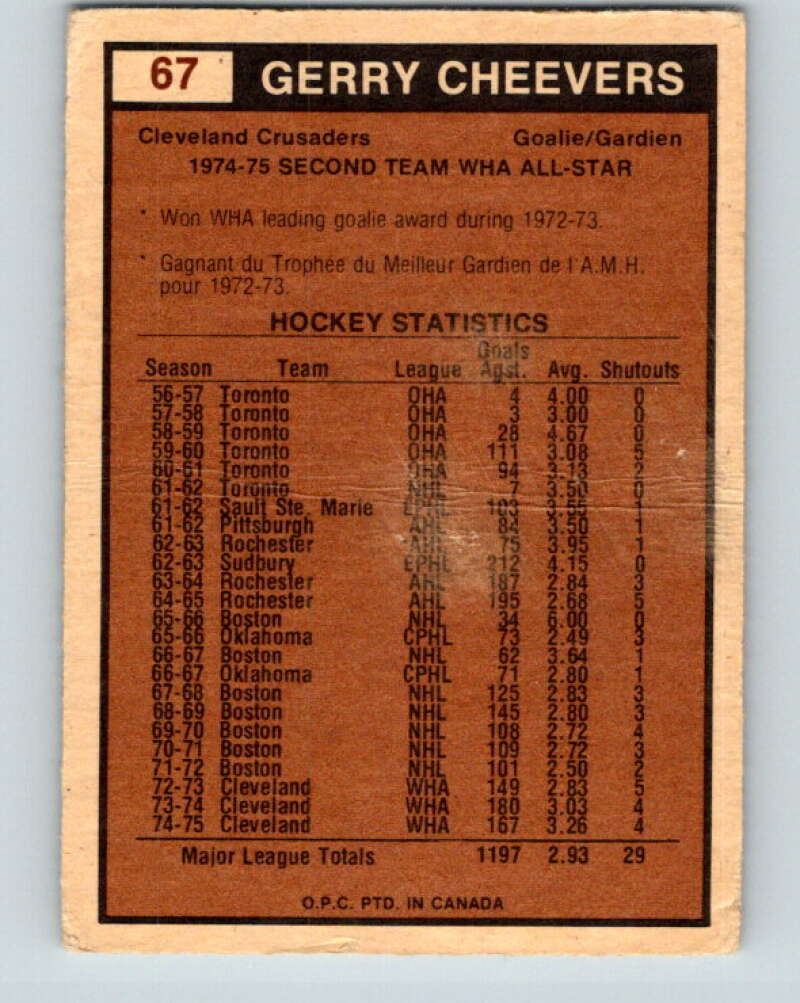 1975-76 WHA O-Pee-Chee #67 Gerry Cheevers AS Cleveland Crusaders V7249