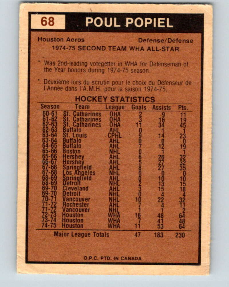 1975-76 WHA O-Pee-Chee #68 Poul Popiel AS Houston Aeros V7250