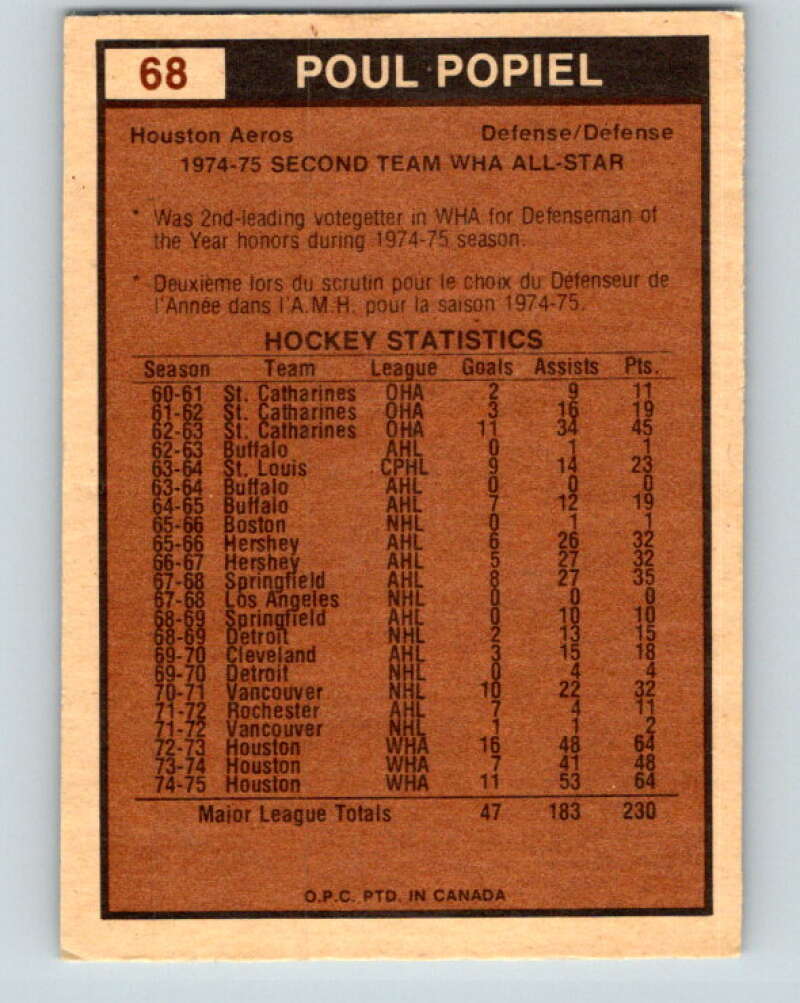 1975-76 WHA O-Pee-Chee #68 Poul Popiel AS Houston Aeros V7252