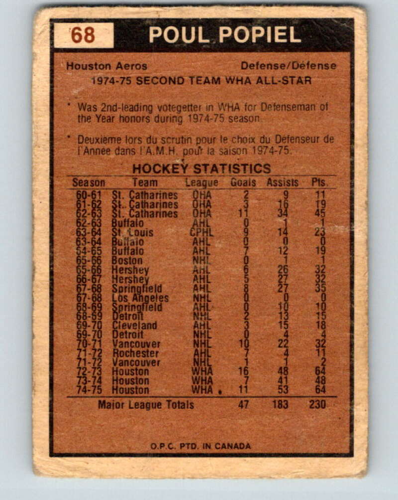 1975-76 WHA O-Pee-Chee #68 Poul Popiel AS Houston Aeros V7253