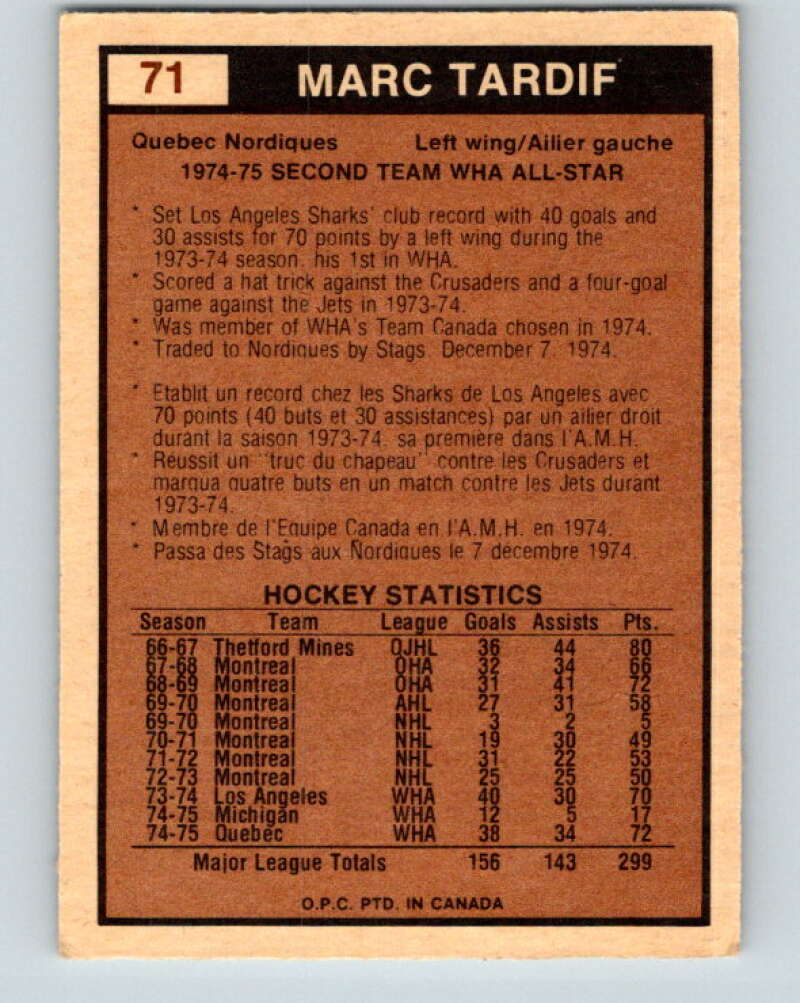1975-76 WHA O-Pee-Chee #71 Marc Tardif AS Quebec Nordiques V7255
