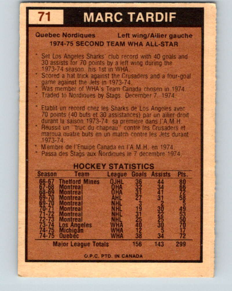 1975-76 WHA O-Pee-Chee #71 Marc Tardif AS Quebec Nordiques V7256