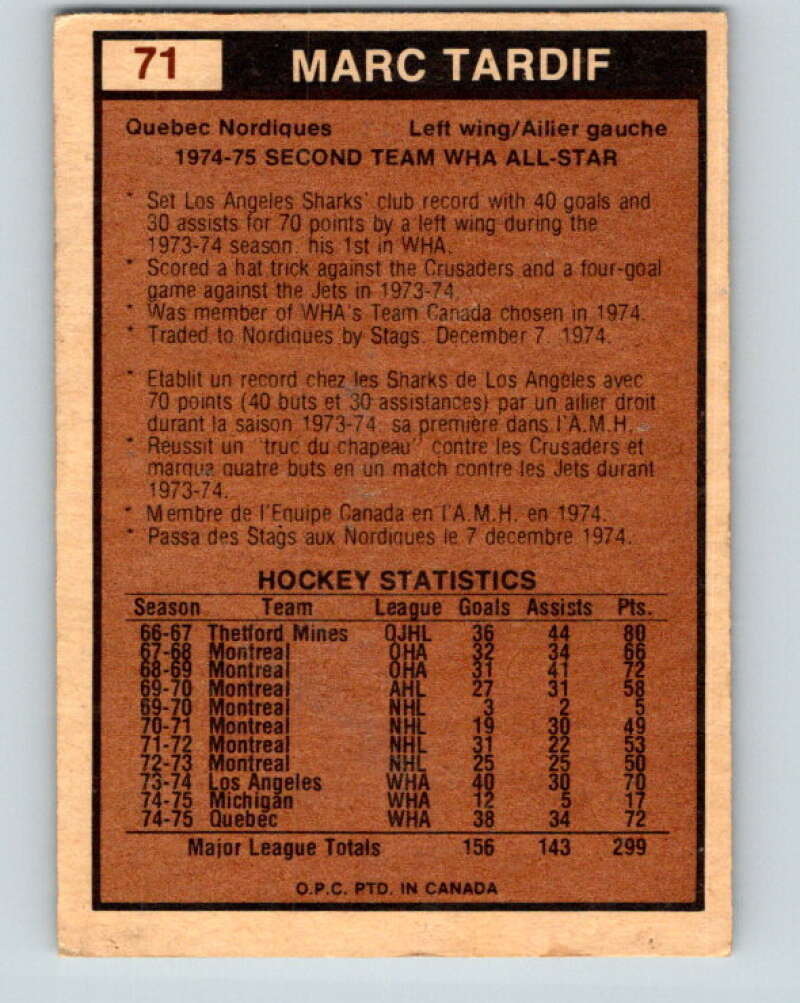 1975-76 WHA O-Pee-Chee #71 Marc Tardif AS Quebec Nordiques V7257
