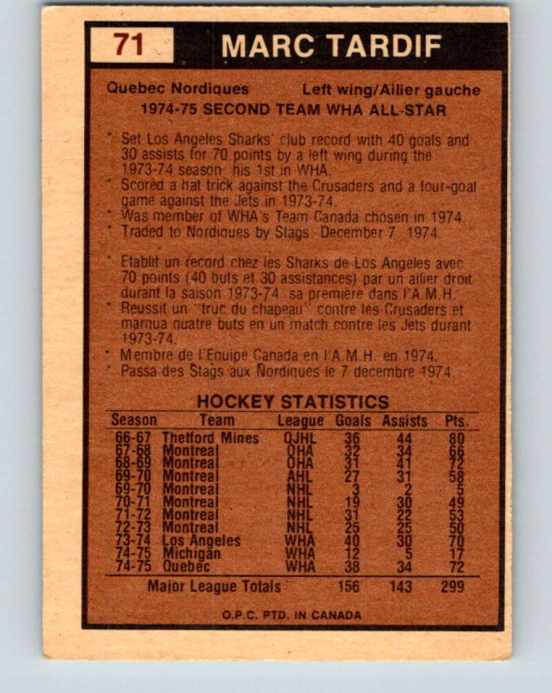 1975-76 WHA O-Pee-Chee #71 Marc Tardif AS Quebec Nordiques V7258
