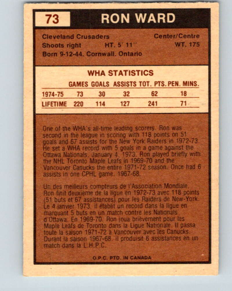 1975-76 WHA O-Pee-Chee #73 Ron Ward Cleveland Crusaders V7259