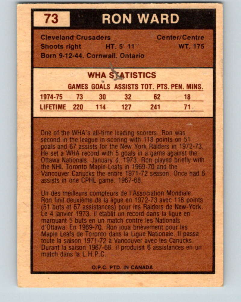 1975-76 WHA O-Pee-Chee #73 Ron Ward Cleveland Crusaders V7260