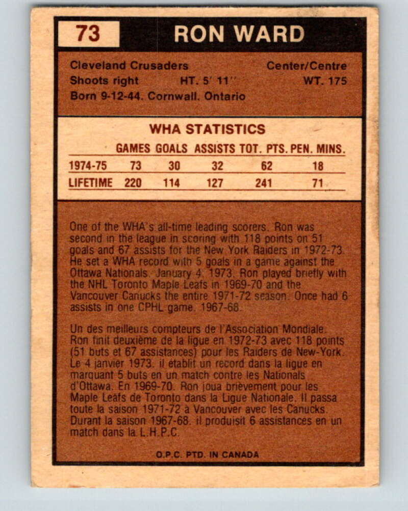 1975-76 WHA O-Pee-Chee #73 Ron Ward Cleveland Crusaders V7261