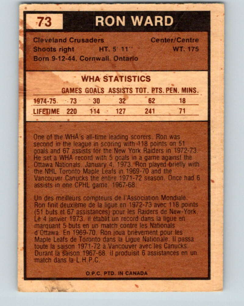 1975-76 WHA O-Pee-Chee #73 Ron Ward Cleveland Crusaders V7262