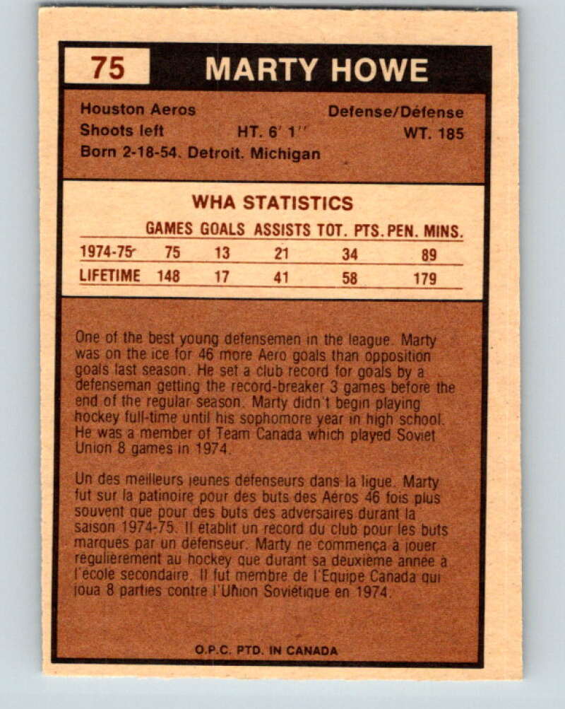 1975-76 WHA O-Pee-Chee #75 Marty Howe Houston Aeros V7263